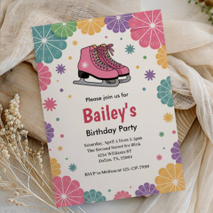 Invitación Cumpleaños Retro de Patinaje sobre Hielo Floral Ro