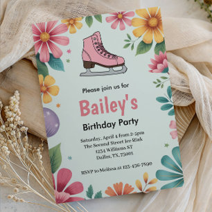 Invitación Cumpleaños Retro de Patinaje sobre Hielo Floral Ro