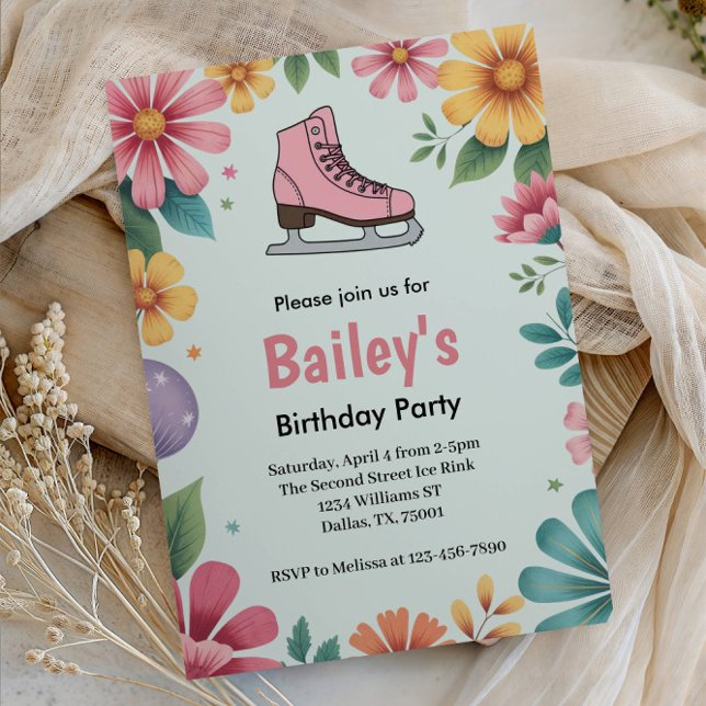 Invitación Cumpleaños Retro de Patinaje sobre Hielo Floral Ro (Subido por el creador)