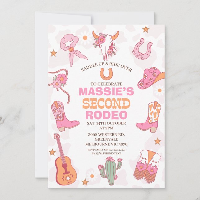 Invitación Cumpleaños Retro de Rodeo 2º Naranja Rosa  (Anverso)