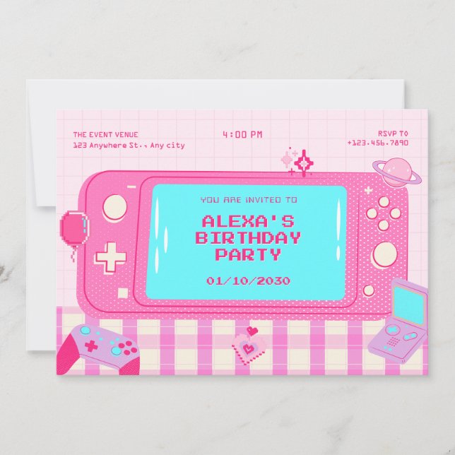Invitación cumpleaños retro de videojuegos rosa (Anverso)