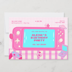 Invitación cumpleaños retro de videojuegos rosa