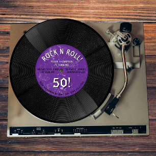 Invitación Cumpleaños Retro de Vinilo de Rock N Roll Púrpura