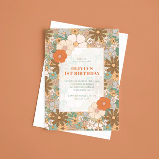 Invitación Cumpleaños Retro Floral Niñas 1er Cumpleaños