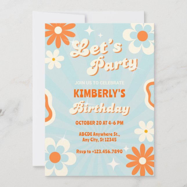 Invitación cumpleaños retro groovic azul (Anverso)