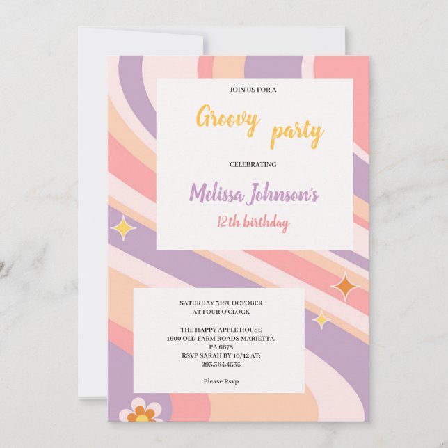 Invitación cumpleaños retro groovic rosa y morado y amarillo (Anverso)