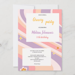 Invitación cumpleaños retro groovic rosa y morado y amarillo