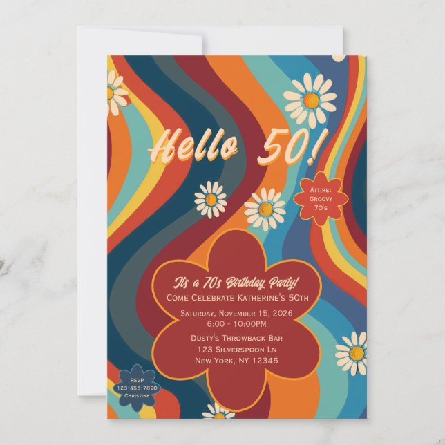 Invitación Cumpleaños Retro Groovy 70's Daisy Arcoíris (Anverso)