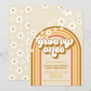 Invitación Cumpleaños Retro Groovy Gemelo Lluvia De Colores M