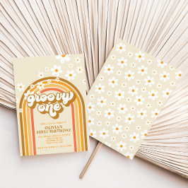 Invitación Cumpleaños Retro Groovy Uno Arcoíris Marrón Naranj