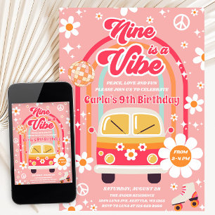 Invitación Cumpleaños Retro Hippie Arcoíris Nine Es Una Vibra