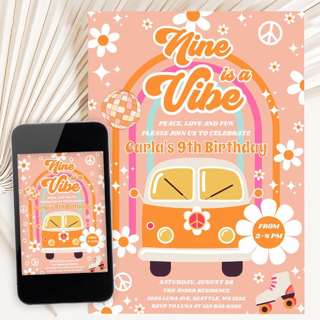 Invitación Cumpleaños Retro Hippie Arcoíris Nine Is A Vibe 9 (Subido por el creador)