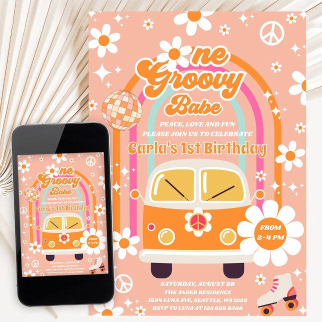Invitación Cumpleaños Retro Hippie Arcoíris Un Bebe Groovy 1 (Subido por el creador)