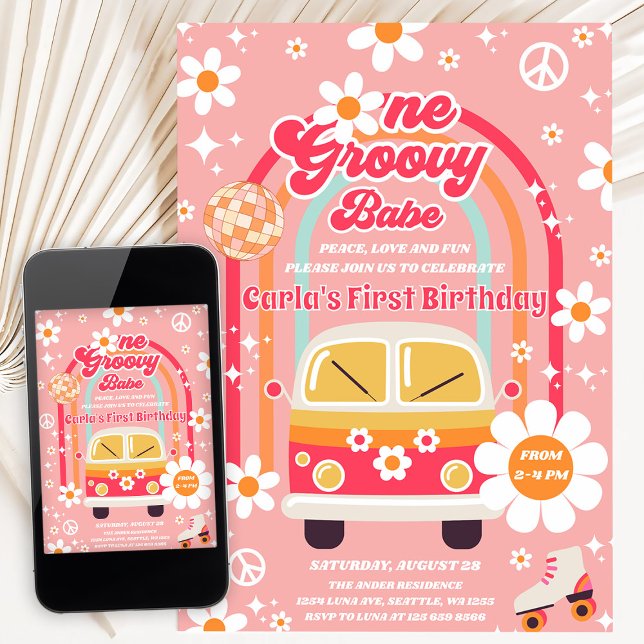 Invitación Cumpleaños Retro Hippie Arcoíris Una Chica Groovy  (Subido por el creador)