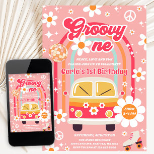 Invitación Cumpleaños Retro Hippie Daisy Rainbow Groovy Uno 1