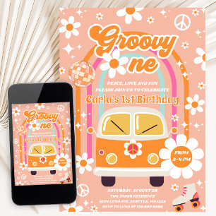 Invitación Cumpleaños Retro Hippie Daisy Rainbow Groovy Uno 1