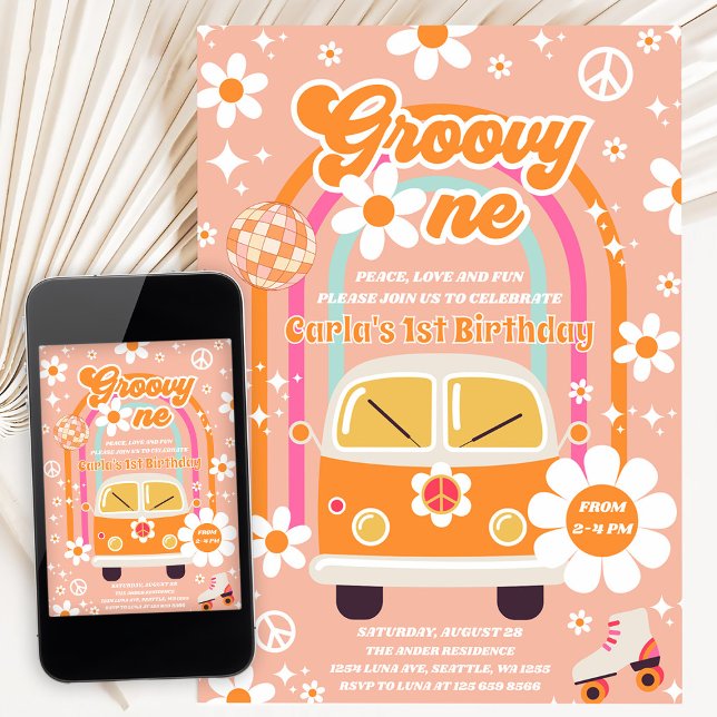 Invitación Cumpleaños Retro Hippie Daisy Rainbow Groovy Uno 1 (Subido por el creador)