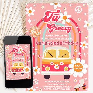 Invitación Cumpleaños Retro Hippie Daisy Rainbow Two Groovy 2