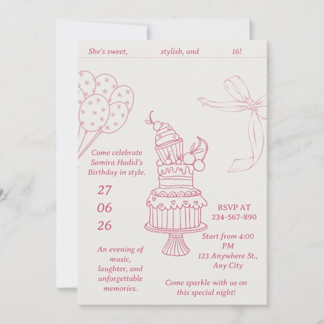 Invitación Cumpleaños Retro Lazo Rosa Dulces 16 (Anverso)