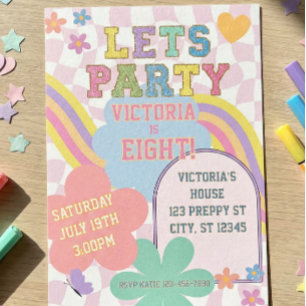 Invitación Cumpleaños Retro Letra de Hombre Purpurina Rosa