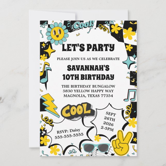 Invitación Cumpleaños Retro Let's Party (Anverso)