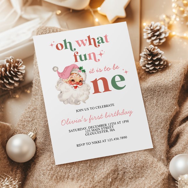 Invitación Cumpleaños Retro Navidad rosa Santa Primer Cumplea (Subido por el creador)