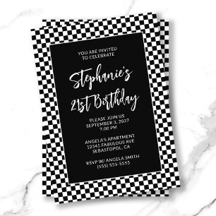Invitación Cumpleaños Retro Negro y Blanco de Cuadros Negrita