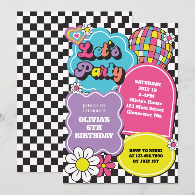 Invitación Cumpleaños Retro Neon 90s (Anverso / Reverso)