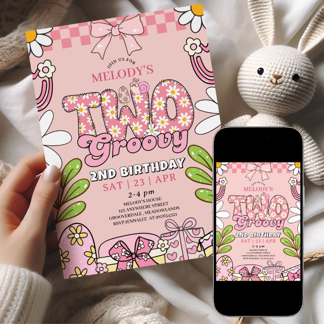 Invitación Cumpleaños Retro Pink Daisy 2do Cumpleaños (Subido por el creador)