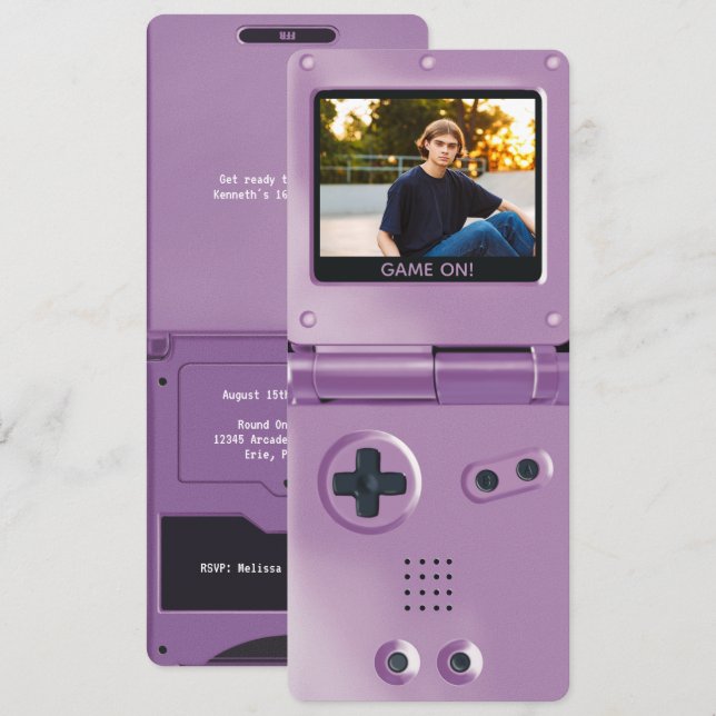 Invitación Cumpleaños Retro Purple Handheld Gaming II (Anverso / Reverso)