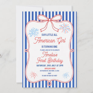 Invitación Cumpleaños Retro Rojo Blanco y Azul Chica American