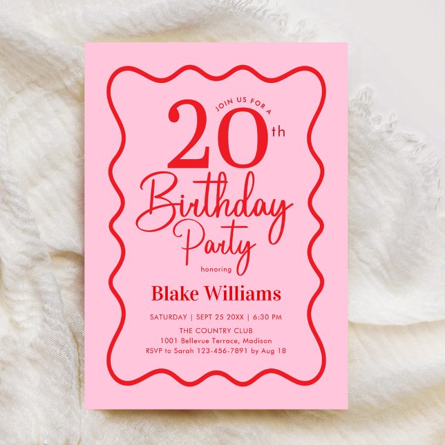 Invitación Cumpleaños Retro Rosa Rojo 20 Ondas Frontera (Subido por el creador)