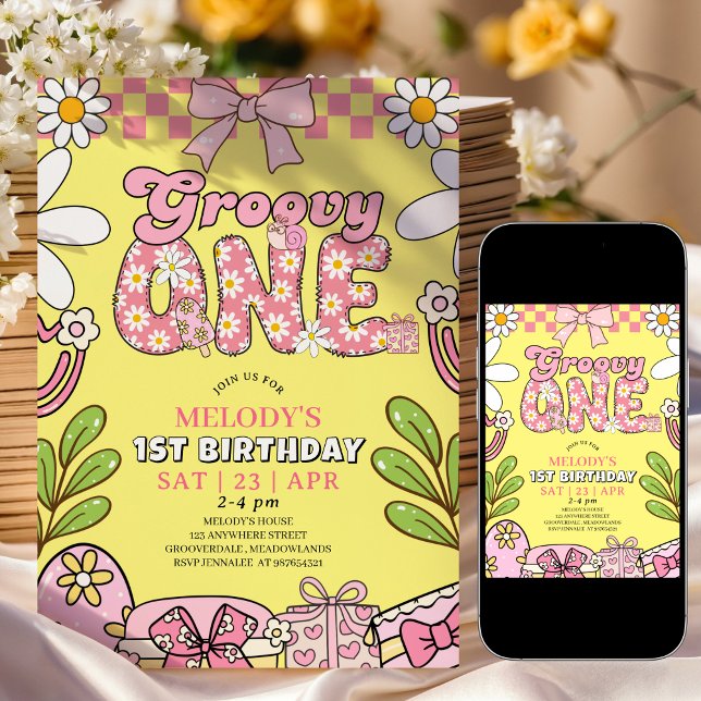 Invitación Cumpleaños Retro Rosa y Amarillo de Daisy 1er Cump (Subido por el creador)
