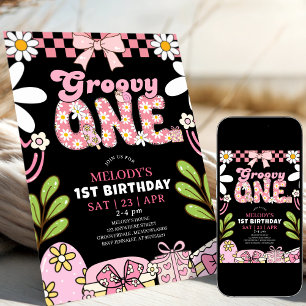 Invitación Cumpleaños Retro Rosa y Negro de Daisy 1er 