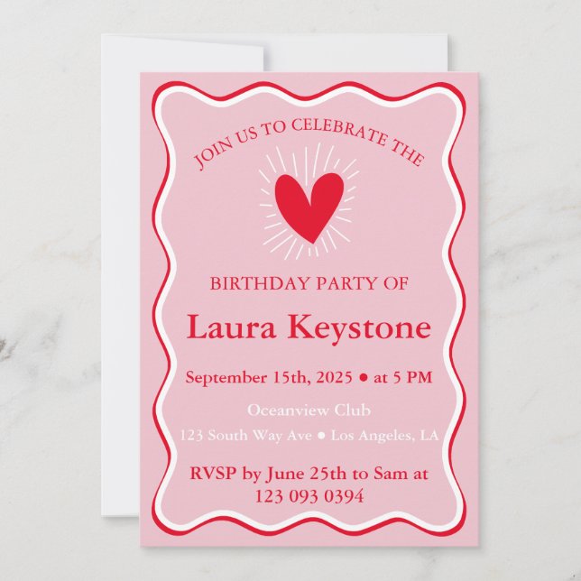 Invitación Cumpleaños Retro Rosado Rojo y Blanco (Anverso)