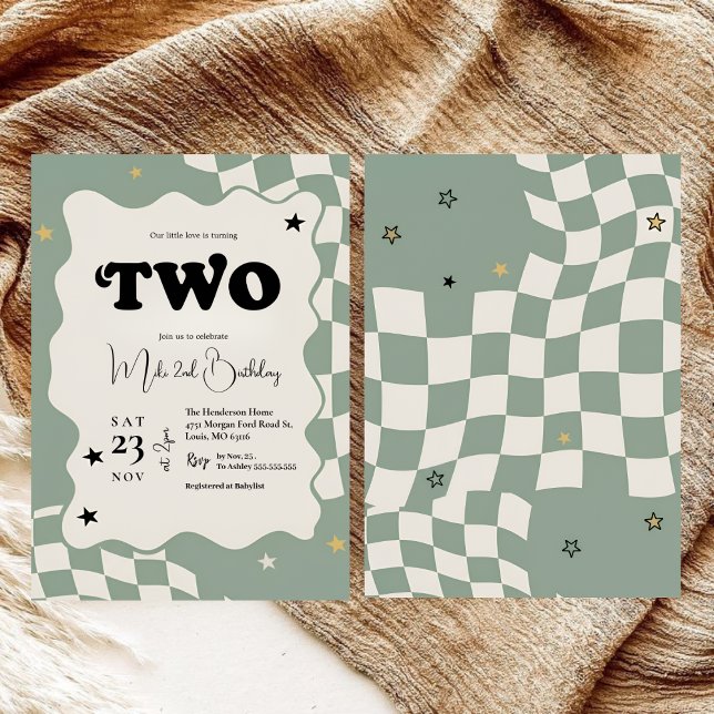 Invitación Cumpleaños Retro Sage Verde Cuadros Groovy Dos 2 (Subido por el creador)