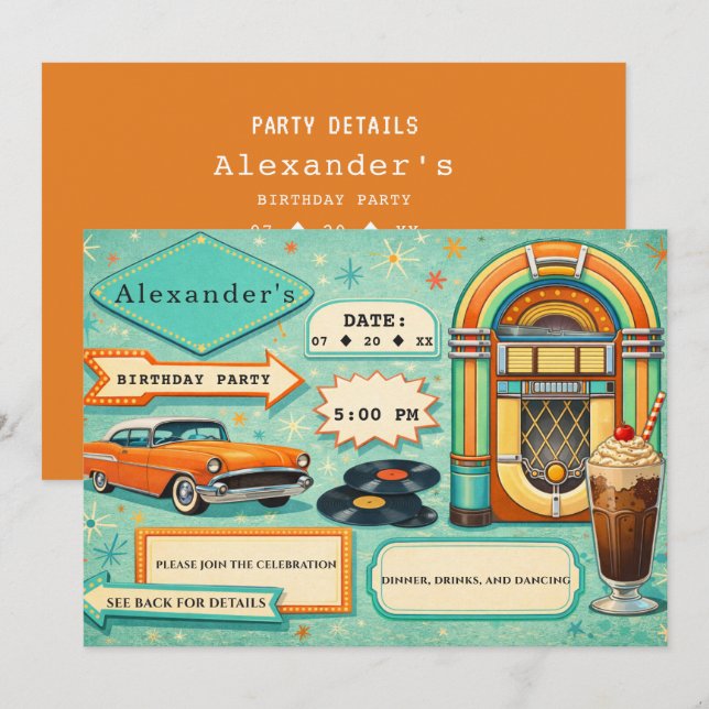 Invitación Cumpleaños Retro Turquesa y Naranja de los 50 (Anverso / Reverso)