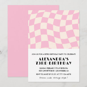 Invitación Cumpleaños Retro Vintage Rosa a Cuadros 73
