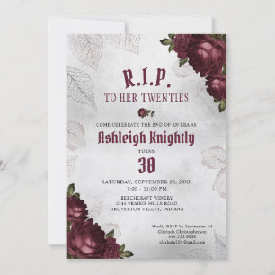 Invitación Cumpleaños RIP Década Oscuro Gótico Vintage Rosas