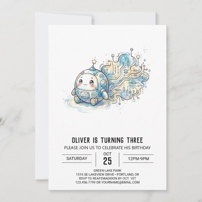 Invitación Cumpleaños Robot Azul Celeste Adorable (Anverso)