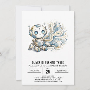 Invitación Cumpleaños Robot Digital Plateado