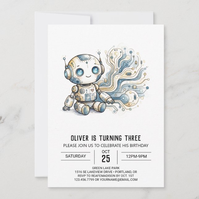 Invitación Cumpleaños Robot Digital Plateado (Anverso)