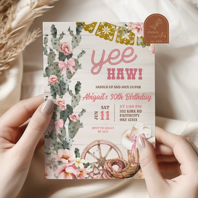 Invitación Cumpleaños Rodeo Rosa Cactus Madera Rústica (Subido por el creador)