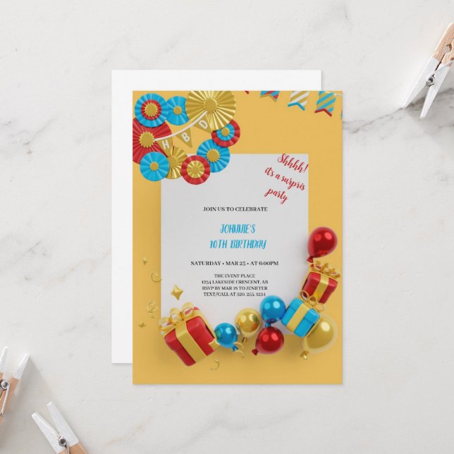 Invitación cumpleaños ROJO, AZUL, AMARILLO Y ORO (Anverso/Reverso In Situ)