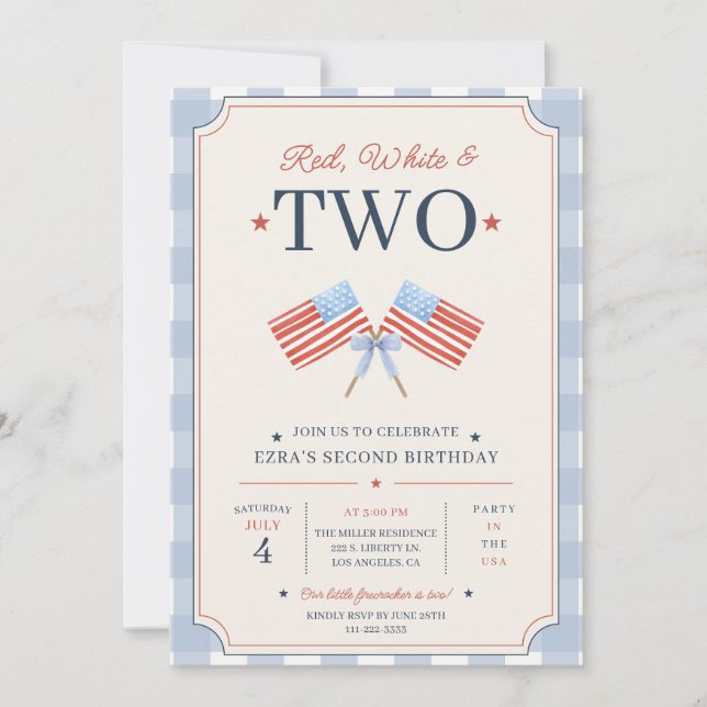 Invitación Cumpleaños Rojo Blanco y DOS Patriótico 2do Cumple (Anverso)