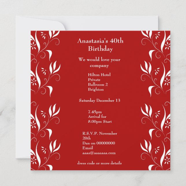 Invitación Cumpleaños Rojo con Floral Blanco (Anverso)