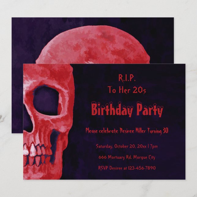 Invitación Cumpleaños rojo de la cráneo gótica en QEPD a sus  (Anverso / Reverso)