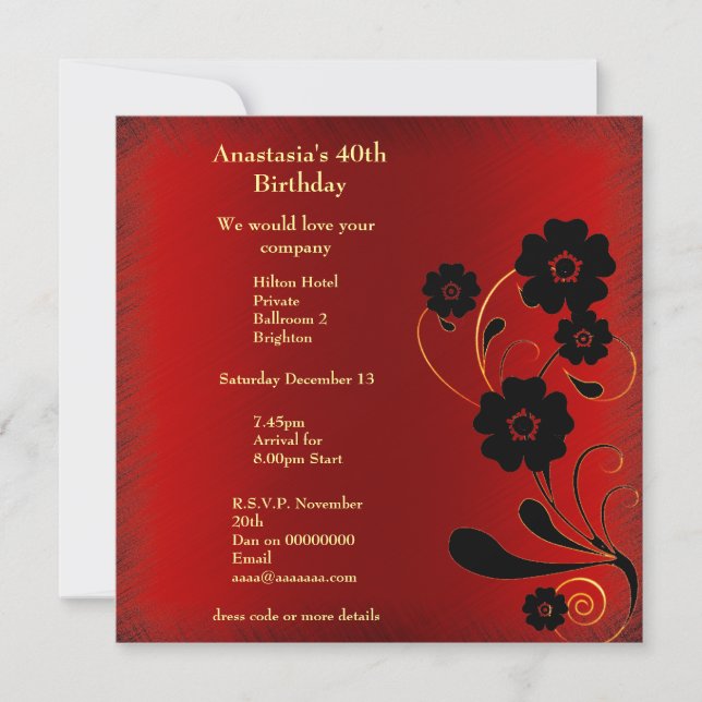 Invitación Cumpleaños Rojo Deshilachado con Floral (Anverso)