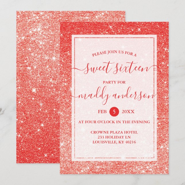 Invitación Cumpleaños Rojo Falso Brillo Elegante Dulce 16 (Anverso / Reverso)