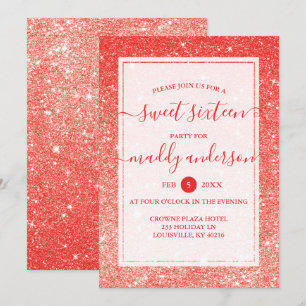 Invitación Cumpleaños Rojo Faux Glitter Elegante Sweet 16
